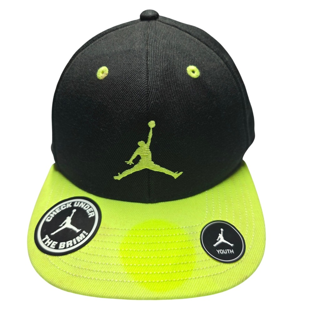 Jordan True Youth Snapback Hat Black Neon Volt Green Jumpman Flat Brim 1535-982